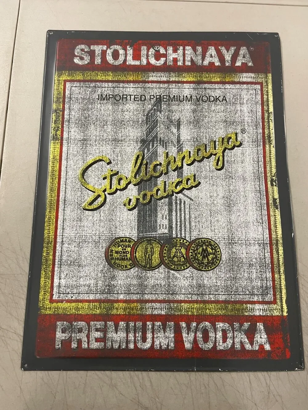 Vintage Stolichnaya Premium Vodka Bar Tin Sign Metal Mancave Wall Decor